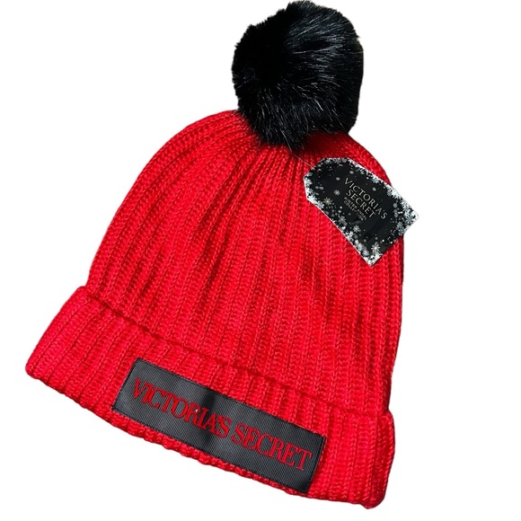 Victoria's Secret Accessories - Victoria’s Secret | NWT Red logo ribbed knit beanie
